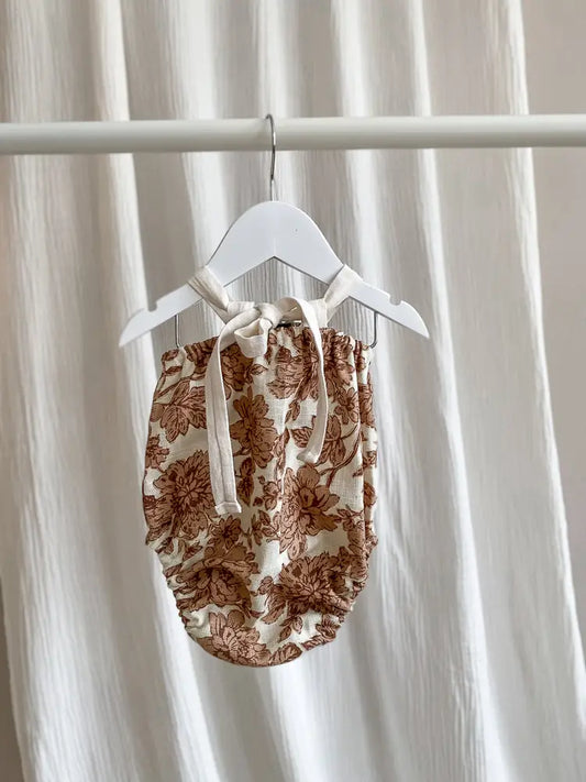Baby Linen Playsuit – Brown Floral
