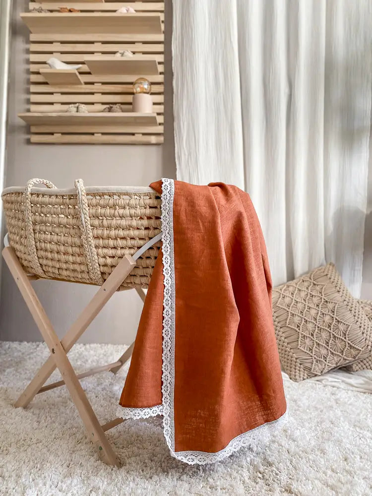 Linen swaddle with lace trim - Burnt orange 