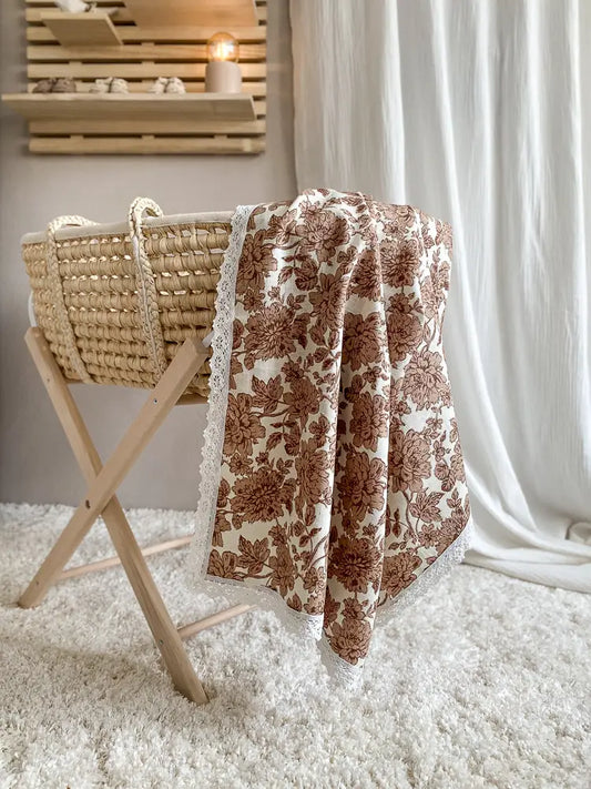 Linen swaddle with lace trim - Floral brown 